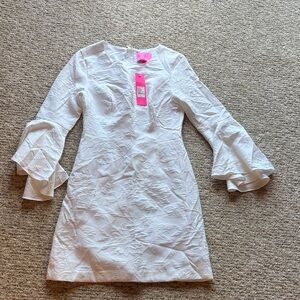 White Textured Bell-Sleeve Dress